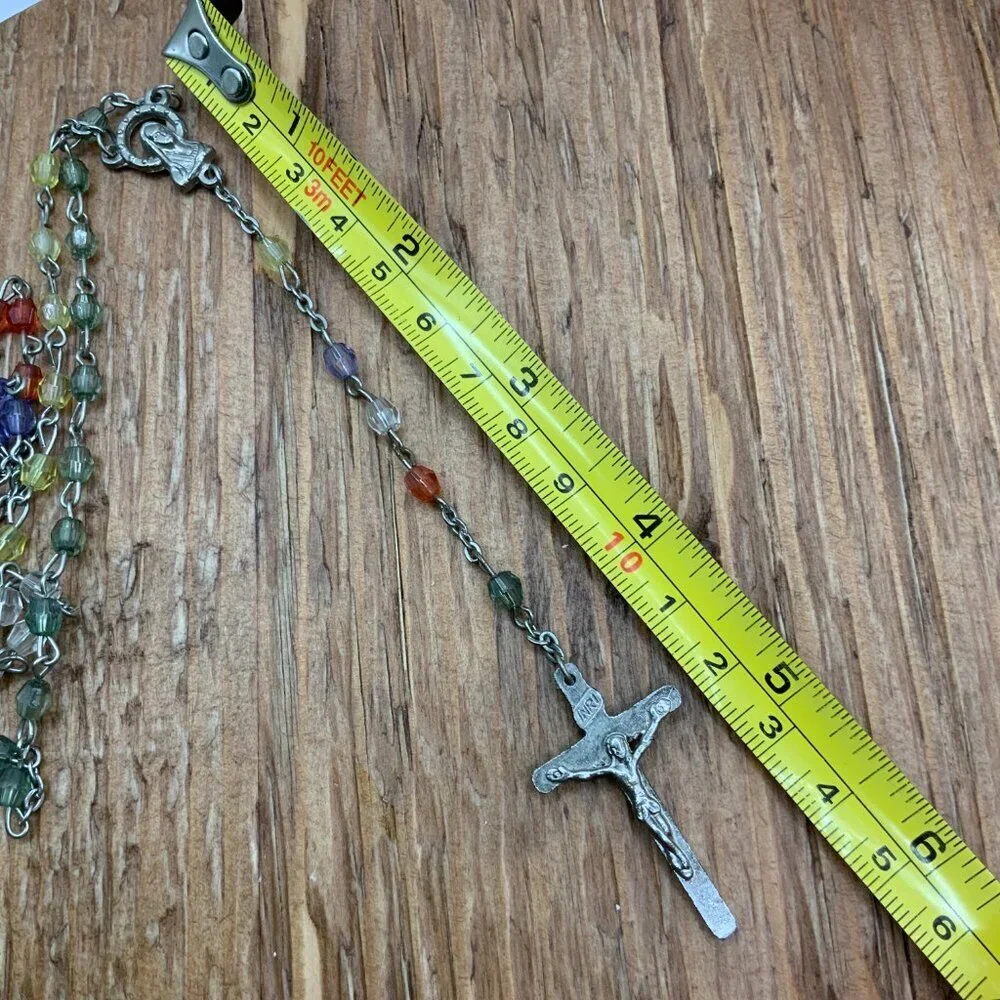 Rosary Vintage Multi Colored Rainbow Beaded Silver Tone